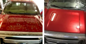 Before-after Ford hood dents fixed, bumper repair in Duluth MN