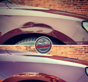 Car dent being removed using paintless dent repair technique in Proctor MN